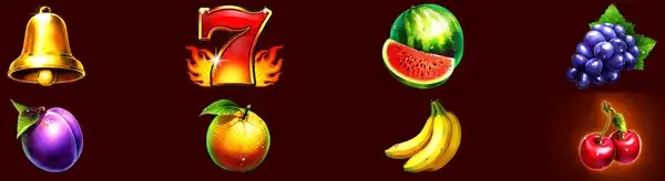 Fiery Sevens paytable showing all 7 symbols with payout values for 2x through 5x combinations