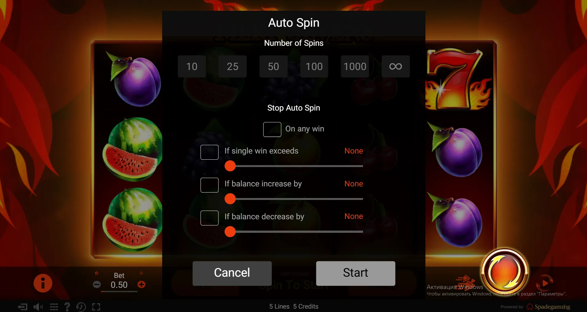 Fiery Sevens Auto Spin panel with six spin count buttons, four stop condition sliders, and Cancel-Start buttons